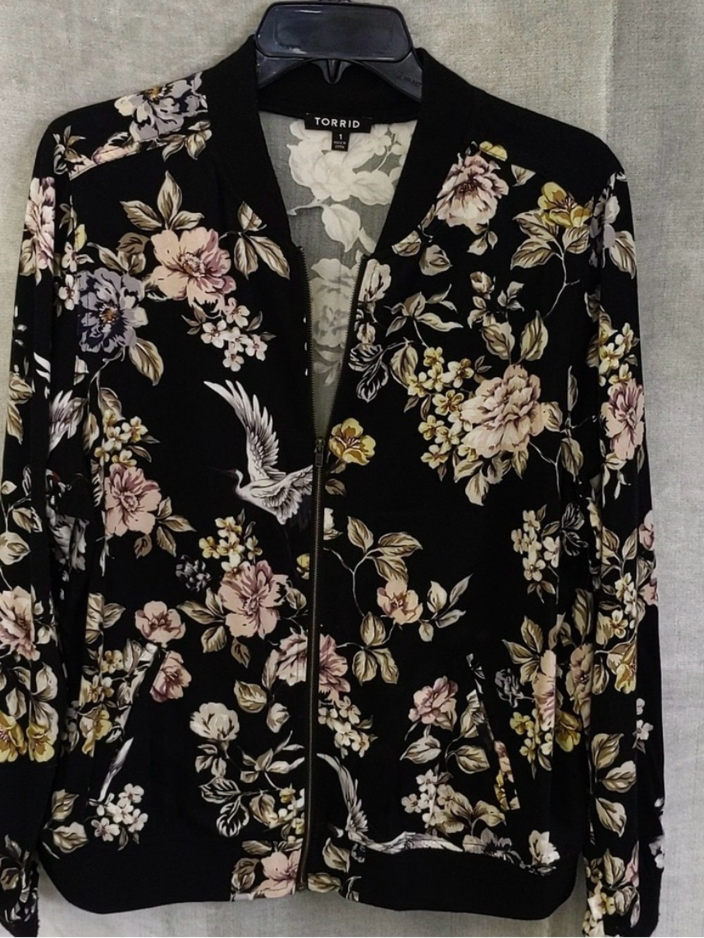torrid Black Floral Bomber Jacket with Pale Pink & Cream Blooms